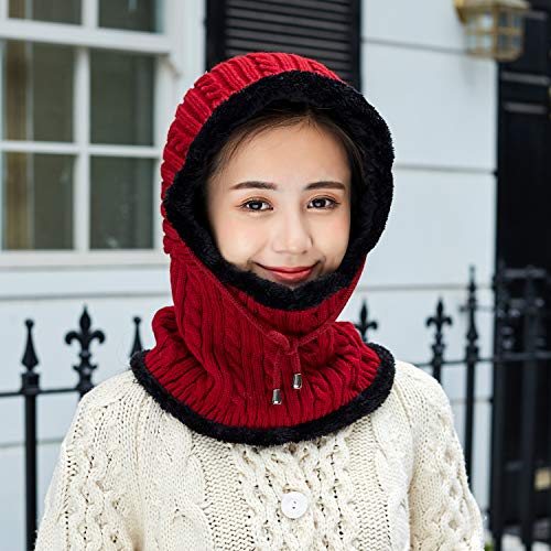 HUAMULAN Women Winter Knit Balaclava Fleece Lined Hooded Beanie Hats - color: Red, size: One Size