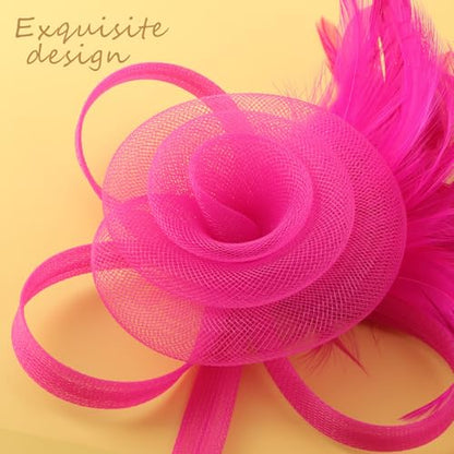 DRESHOW Fascinators Hats for Women Tulle Feather Tea Party Fascinator Hats - color: Rose Red