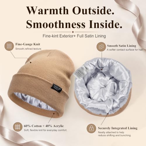 Satin Lined Winter Beanie Hats for Women Men Cotton Knitted Cuffed Knit Hat - color: Khaki