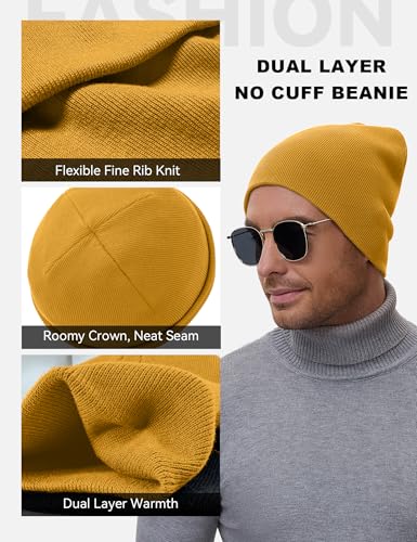 ROYBENS 100% Cotton No Cuff Beanie Hat Men Women, Fisherman Skull Cap - color: Yellow