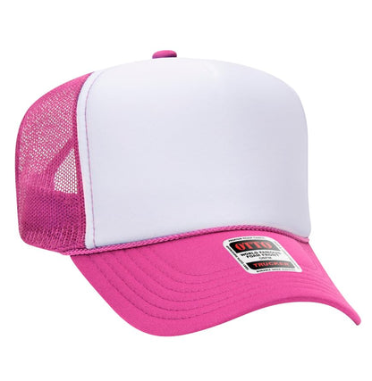 Otto Cap 5-Panel High Crown Mesh Back Trucker Hat - color: Hot Pink/White