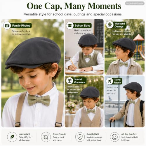 Bienzoe Boys Newsboy Flat Hat: Classic Linen Cap Lightweight - color: Dk Grey, size: 2-3T