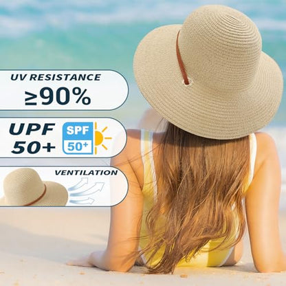 Beach Hat for Women, Wide Brim Sun Straw, UPF 50+ Foldable Floppy Sun Hat - color: B-10.5cm,beige