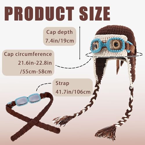 Pilot Crochet Beanie with Goggles Decoration, Knit Soft Warm Hat with Ear Flap, Knitted Winter Beanie Hat for Cosplay