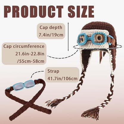 Pilot Crochet Beanie with Goggles Decoration, Knit Soft Warm Hat with Ear Flap, Knitted Winter Beanie Hat for Cosplay