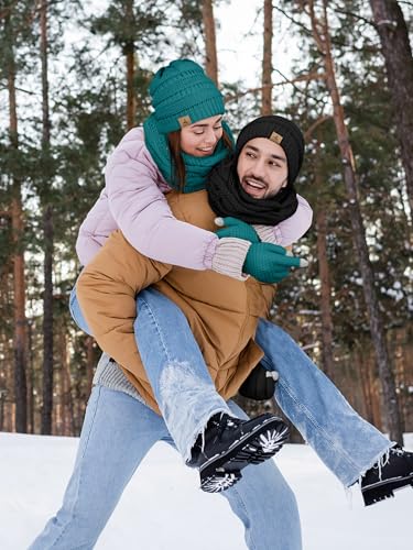 LOROME Winter Beanie Hat Scarf Gloves, Warm Fleece Knit Neck Scarf Set Gift - color: Blue Green