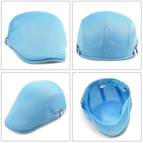 Xinveen Men's Mesh Cap Breathable Summer Newsboy Hat Adjustable Beret Ivy Cap Irish Cabbie Driving Hunting Hats - color: Turquoise Blue