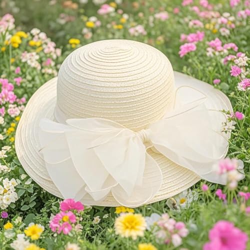 Haoohu Women's Church Derby Hat Wide Brim Bow Bucket Hat Wedding Dress Hat Fascinator Bridal Tea Party Hat - color: Beige