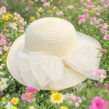 Haoohu Women's Church Derby Hat Wide Brim Bow Bucket Hat Wedding Dress Hat Fascinator Bridal Tea Party Hat - color: Beige