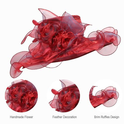Women Oganza Sun Hat Church Wide Brim Wedding Formal Fascinator Hat - color: Wine Red