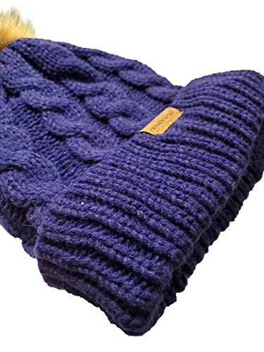 Novarena Thick Cable Knit Faux Fuzzy Fur Pom Fleece Lined Skull Cap Cuff Beanie - color: Navy Blue Pom Beanie