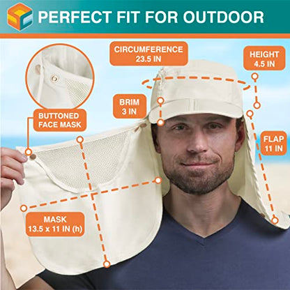 SUN CUBE Fishing Sun Hat with Neck Flap & Face Cover, Wide Brim UPF50+ Cap - color: Beige