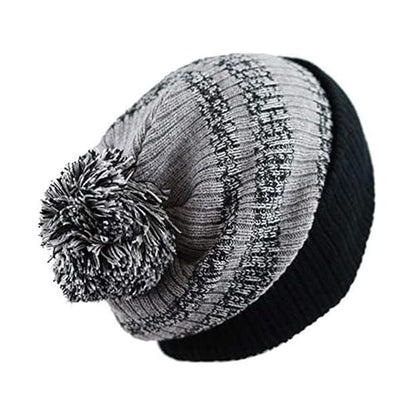 Winter Knit Beanie Hat with Pom Pom – Warm Cuffed Slouch Ski Cap for Men & Women - color: 3.black/Grey