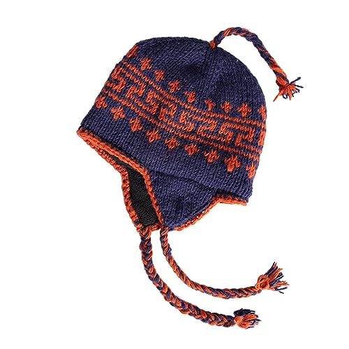 Hand Knit Sherpa Wool Hat with Micro Fleece Lining and Ear Flaps, Handmade Winter Toque, Christmas Beanie, Made in Nepal - color: Blue and Orange