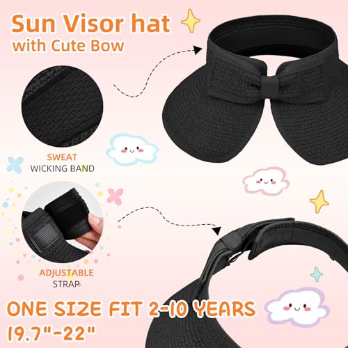 Girls Sun Visor Hat with Ponytail Hole Wide Brim Beach Straw Visor UPF 50+ - color: 1pack-black