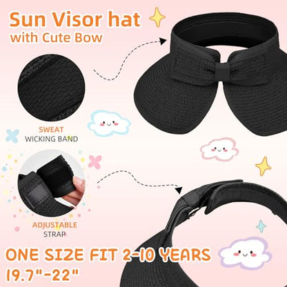 Girls Sun Visor Hat with Ponytail Hole Wide Brim Beach Straw Visor UPF 50+ - color: 1pack-black