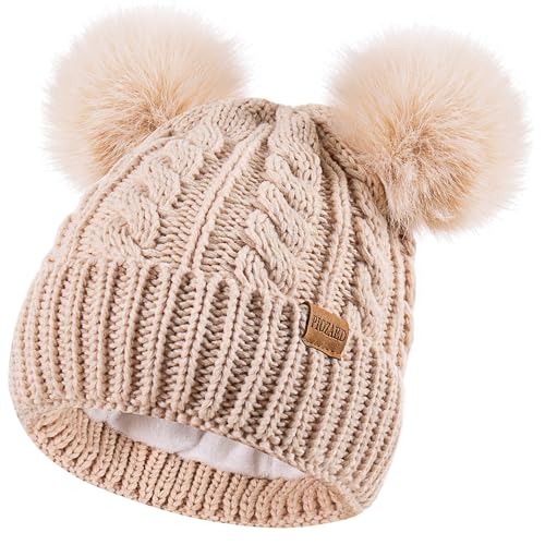 Women's Winter Hat Soft Knit Beanie with Faux Fur Pom Hat with Warm Fleece Lining Skull Cap for Women - color: Beige