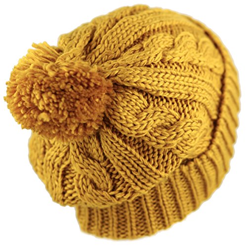 Women and Men Beanie Daily Winter Oversized Thick Stretchy Knitted Pom Pom Beanie Fleece Lined Beanie Hat - color: 1. Curly Mustard W/ Label