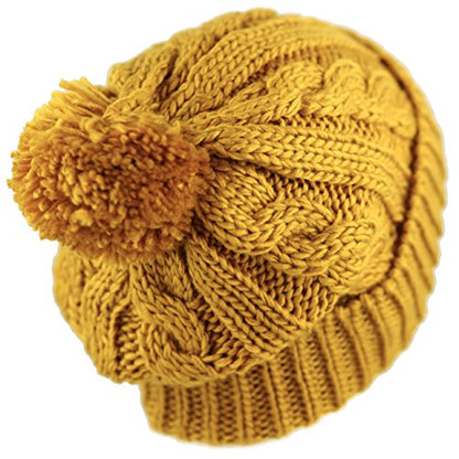 Women and Men Beanie Daily Winter Oversized Thick Stretchy Knitted Pom Pom Beanie Fleece Lined Beanie Hat - color: 1. Curly Mustard W/ Label