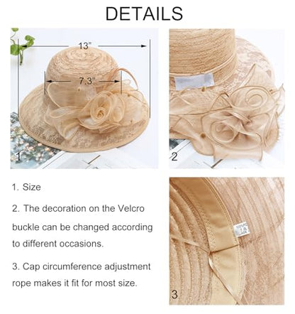 Women's Organza Derby Fascinator Hat Cloche Bowler Hat Cocktail Tea Party Wedding Sun Hat - color: A4-khaki