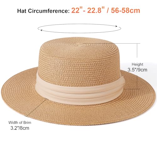 DRESHOW Women Straw Panama Hat Travel Fedora Beach Sun Hat Summer Wide Brim Straw Roll up Hats UPF 50+ - color: 1 Pack Boater Hat: Khaki With Beige Band