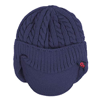 Original One Winter Ear Flap Visor Beanie Lining Hat with Billed Knit Brimmed Cap - color: Blue