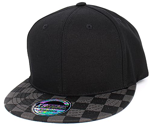 KBETHOS Classic Snapback Hat Blank Cap Underbrim Cotton Wool Blend Flat Visor Adjustable Unisex - color: Black Dark Gray Checkered Brim Snapback
