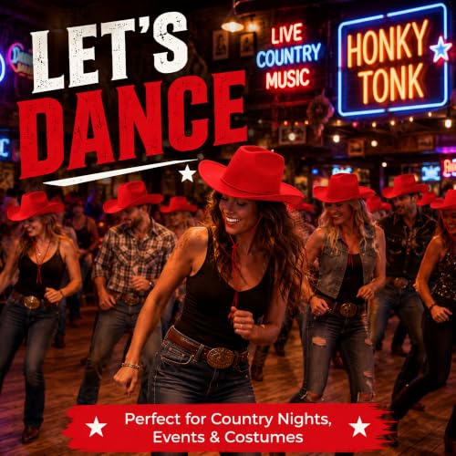 COLLECT PRESENT Plain Felt Cowboy & Cowgirl Hat for Men and Women | Western Studded Cowboy Hat in Adult Sizes - color: Red