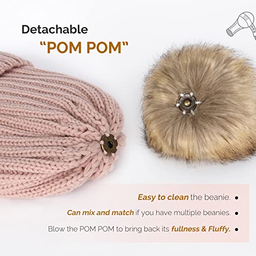 FURTALK Womens Winter Knitted Beanie Hat with Faux Fur Pom Warm Knit Skull Cap Beanie for Women - color: Pink