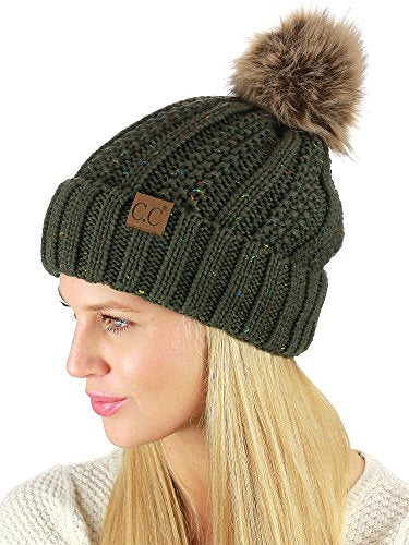 C.C Thick Cable Knit Faux Fuzzy Fur Pom Fleece Lined Skull Cap Cuff Beanie - color: Confetti Dark Olive