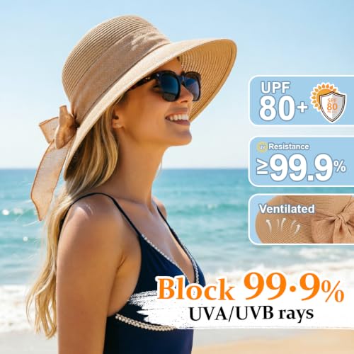 DRESHOW Sun Hats for Women Summer Wide Brim Beach Straw Hat Bowknot Bucket Hats Foldable Floppy Beach Sun Hat UPF 50+ - color: 1 Pack Bowknot Ribbon Hat: Khaki