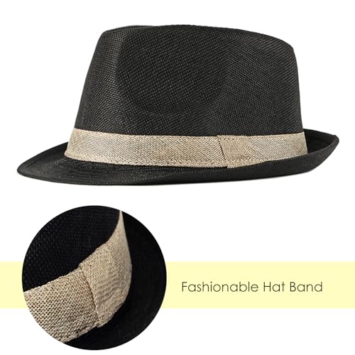 Lisianthus Mens Short Brim Summer Panama Fedora Trilby Sun Hat - color: Black With Beige Band