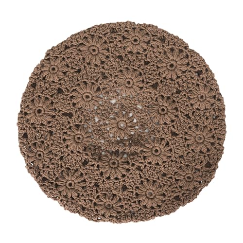 ZLYC Women Cotton Slouchy Crochet Beret Handmade Cutout Floral Beanie Hat - color: Plain Brown