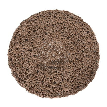 ZLYC Women Cotton Slouchy Crochet Beret Handmade Cutout Floral Beanie Hat - color: Plain Brown