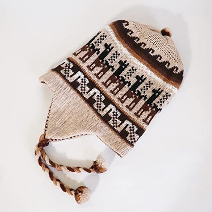 Alpaca Wool Blend Winter Hat Chullo Inca Peruvian Design Reversible with Earflaps. Beanie Medium Size. Unisex - color: Brown/Beige