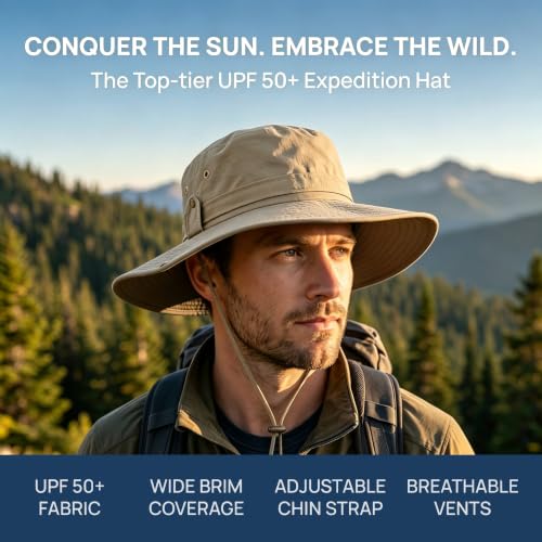 Sun Fishing Hat for Men UPF 50+ Wide Brim Boonie Hats for Summer - color: Khaki