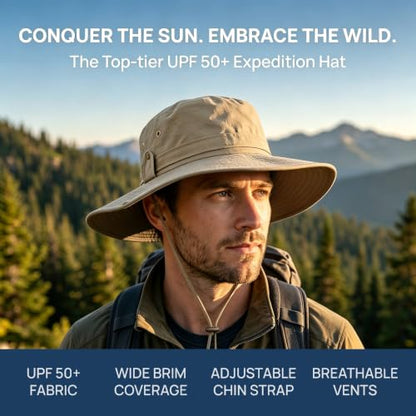 Sun Fishing Hat for Men UPF 50+ Wide Brim Boonie Hats for Summer - color: Khaki