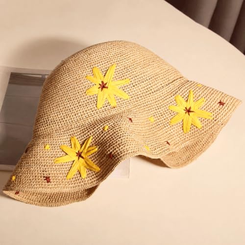 Natural Raffia Straw Bucket Hat for Women Sun Beach Handmade Raffia Woven Bucket Hat Foldable Summer Cap - color: Natural （sunflower）