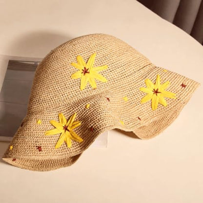 Natural Raffia Straw Bucket Hat for Women Sun Beach Handmade Raffia Woven Bucket Hat Foldable Summer Cap - color: Natural （sunflower）