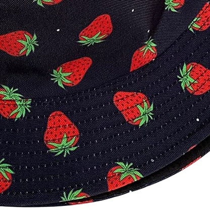 Unisex Bucket Hat Beach Sun Hat Aesthetic Fishing Hat for Men Women Teens, Reversible Double-Side-Wear - color: Strawberry Black