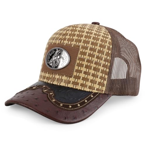 Straw Design Metallic Rodeo Cowboy Horse Metal Logo Trucker Mesh Baseball Cap - color: Dark Tan Brown