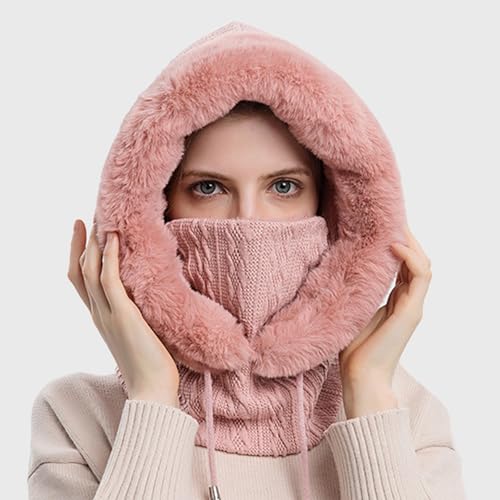 Women’s Knitted Beanie Hat with Face Cover - 3 in 1 Winter Balaclava with Mask Scarf Ear Muffs Pompom Fleece Lined Snow Caps - color: Light Pink-c