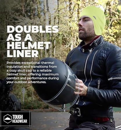 Tough Headwear Thermal Skull Cap - Moisture-Wicking Running Beanie - Snug Fit Ski Helmet Liner - Lightweight Cycling Cap - color: Reversible Black + Hi-viz Yellow