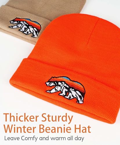 Knit Winter Beanie Hats for Men Women Cuffed Skull Cap with Mountain Embroidery Outdoor Christmas & New Year Gifts - color: Bear/Orange
