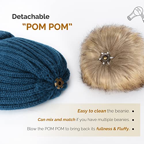 FURTALK Womens Winter Knitted Beanie Hat with Faux Fur Pom Warm Knit Skull Cap Beanie for Women - color: Wood Blue