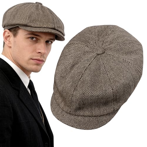 Adult 1920s Newsboy Cap for Men British Gangster Style Costume Baker Wool 8-piece Cap Halloween - color: Brown Herringbone, size: M (22.8")