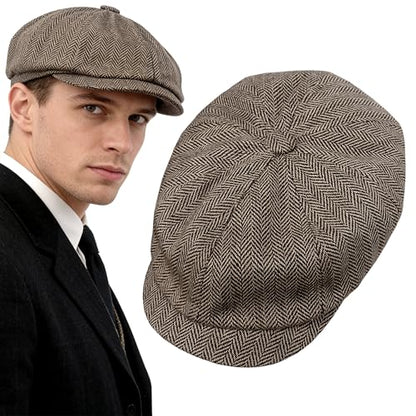 Adult 1920s Newsboy Cap for Men British Gangster Style Costume Baker Wool 8-piece Cap Halloween - color: Brown Herringbone, size: M (22.8")