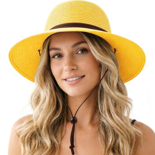 DRESHOW Womens Summer Straw Sun Hat Wide Brim Bucket Hats Fedora Hat Panama Beach Hat with Chin Strap UPF 50+ - color: Straw Hat With Wind Lanyard: Yellow