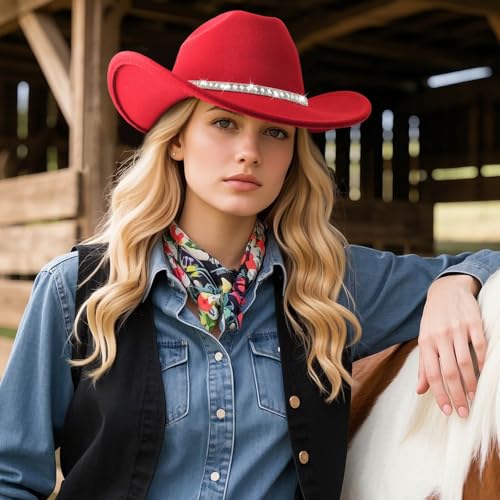 DRESHOW Western Cowboy Hat for Women and Men Wide Brim Glitter Cowboy Cowgirl Hat with Rhinestone Felt Fedora Hats - color: 1 Pack Style 10: Red