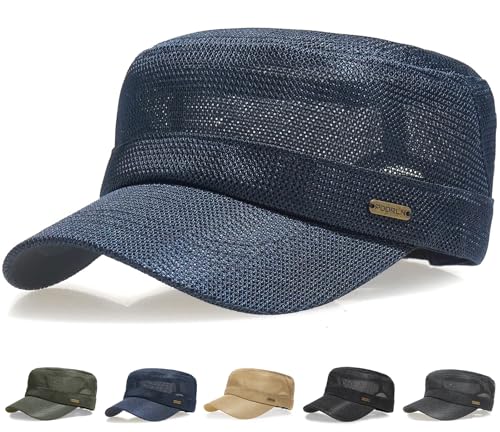 Initlove Cadet Army Cap for Men Women Military Hat Mesh Flat Top Hats for Summer - color: Navy